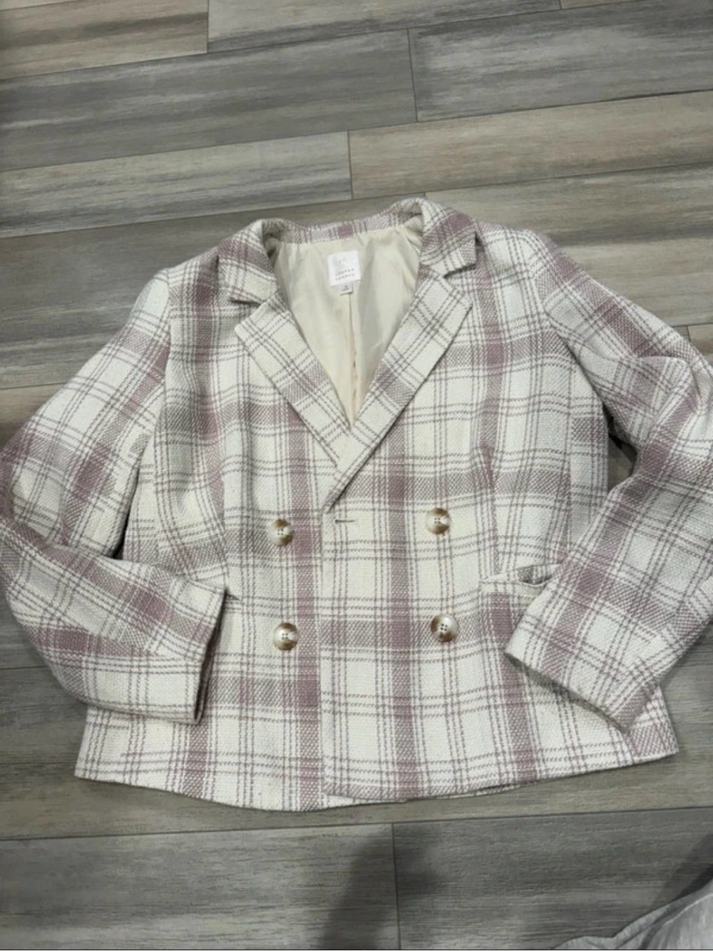 LC Lauren Conrad Cream & Mauve Plaid Double-Breasted Blazer